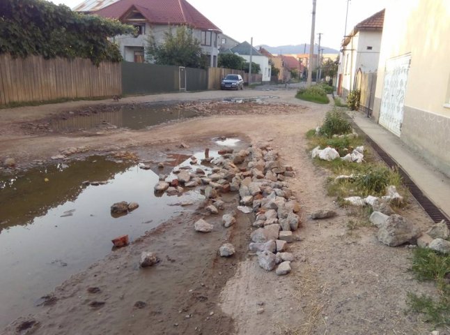 Мешканці вулиці Виноградної у Мукачеві засипали болота великим камінням