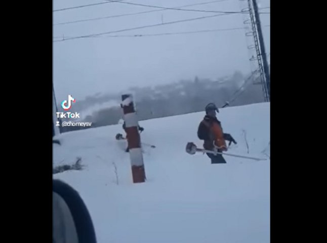 На Закарпатті залізничники косять траву у снігу по коліна: курйозне відео
