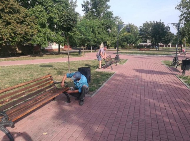 На одній із вулиць Мукачева встановлюють нові лавки та урни для сміття