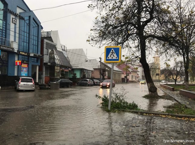 На Тячівщині внаслідок погіршення погоди повалено дерево та підтоплено вулицю