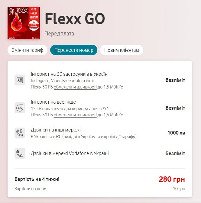 Тариф Flexx Go від Vodafone