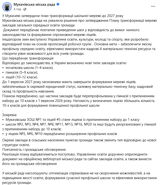 Скрін допису міської ради