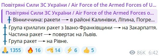 Скріншот повідомлення Повітряних сил ЗСУ 