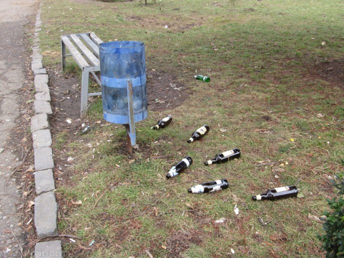 Сквер імені Андрія Кузьменка у Мукачеві: купа пляшок, бруд, поламані лавиці та викрадені смітники – 07