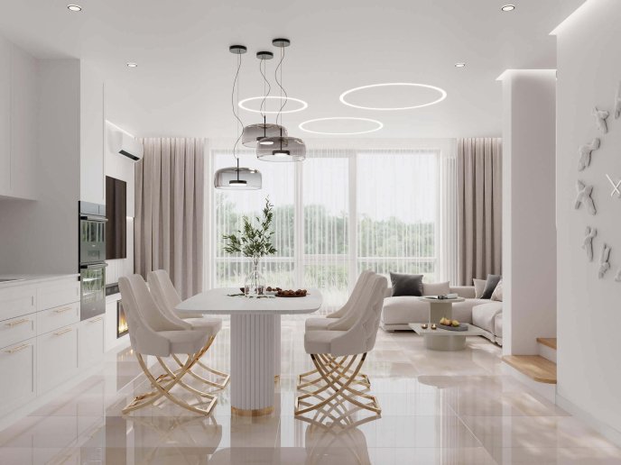 Світлий дизайн кухні-вітальні