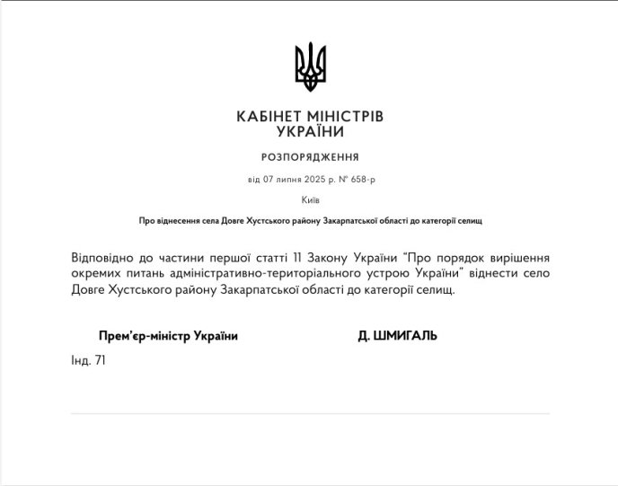 На Закарпатті одне з сіл змінило статус на селище – 01 Розпорядження Кабінету міністрів України