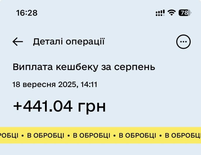 Національний кешбек затримується: коли українцям нарахують гроші на картку – 01 Скріншот повідомлення, що операція в обробці