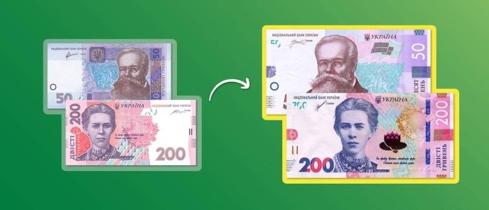 Старі (зліва) та нові банкноти 50 і 200 гривень