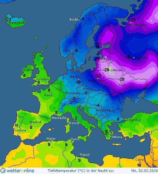 Прогностична карта температури повітря на 2 лютого. Відтінками фіолетового кольору показані сильні морози