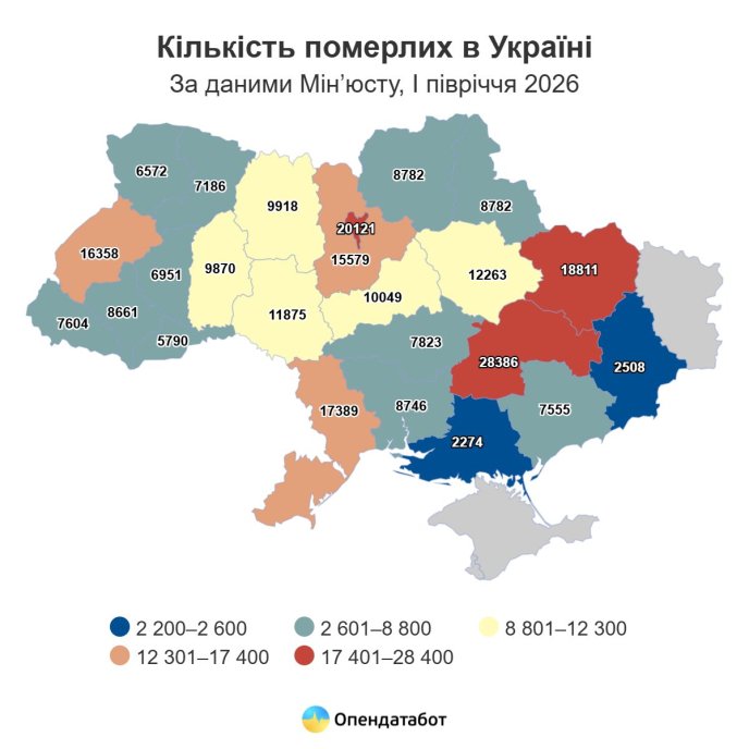 Кількість померлих в Україні в січні-червні 2026 року / інфографіка: Опендатабот