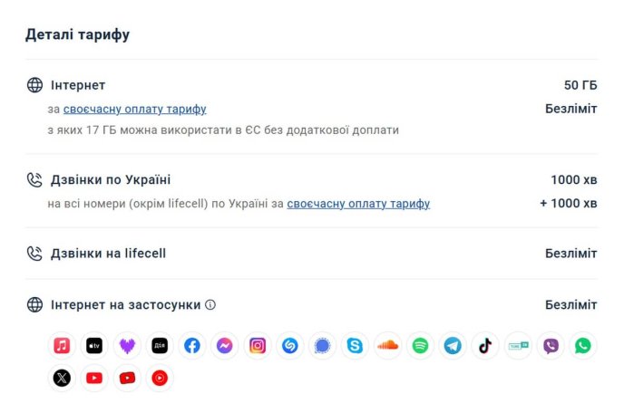 Деталі тарифу Лайфселл «Мега»