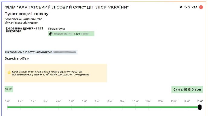 Вартість 15 кубометрів дров у Мукачівському лісництві Берегівського надлісництва