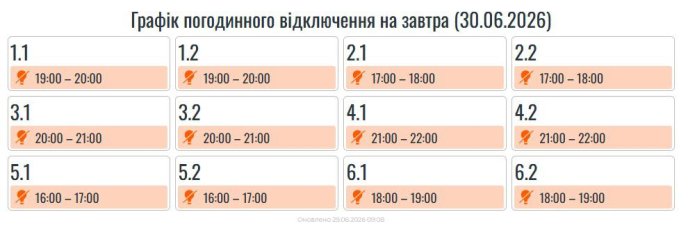 Графік відключення на 30 червня від Прикарпаттяобленерго