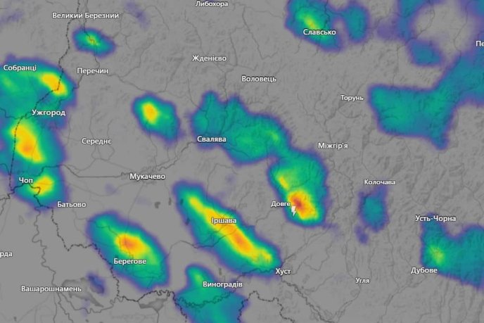 Карта опадів, станом на 14:10 у Закарпатській області