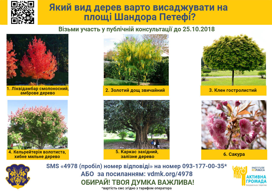 В Ужгороді вирішують, які дерева садити на пішохідній частині площі Шандора Петефі В Ужгороді триває четверта публічна консультація: які дерева садити на пішохідній частині площі Шандора Петефі