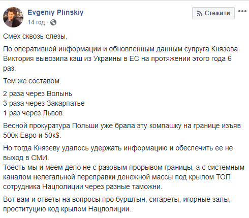 журналіст Євген Плінський заявив, що колишня дружина Князєва вивозила великі суми грошей в ЄС