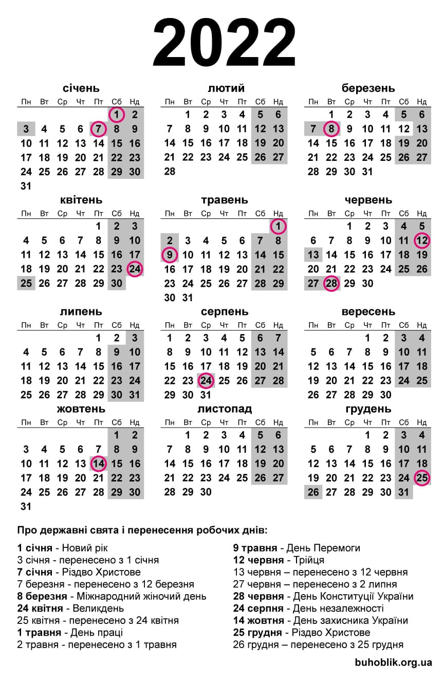Календар 2022 / Календар на 2022 рік / А4 роздрукувати