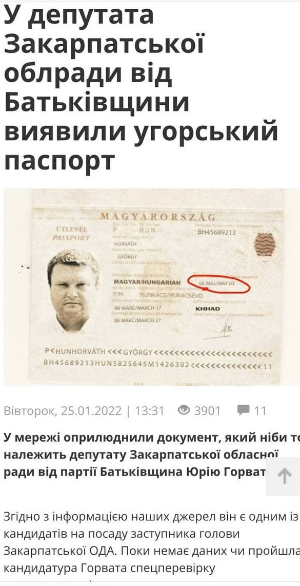 Юрія Горвата звинуватили в тому, що він має угорський паспорт